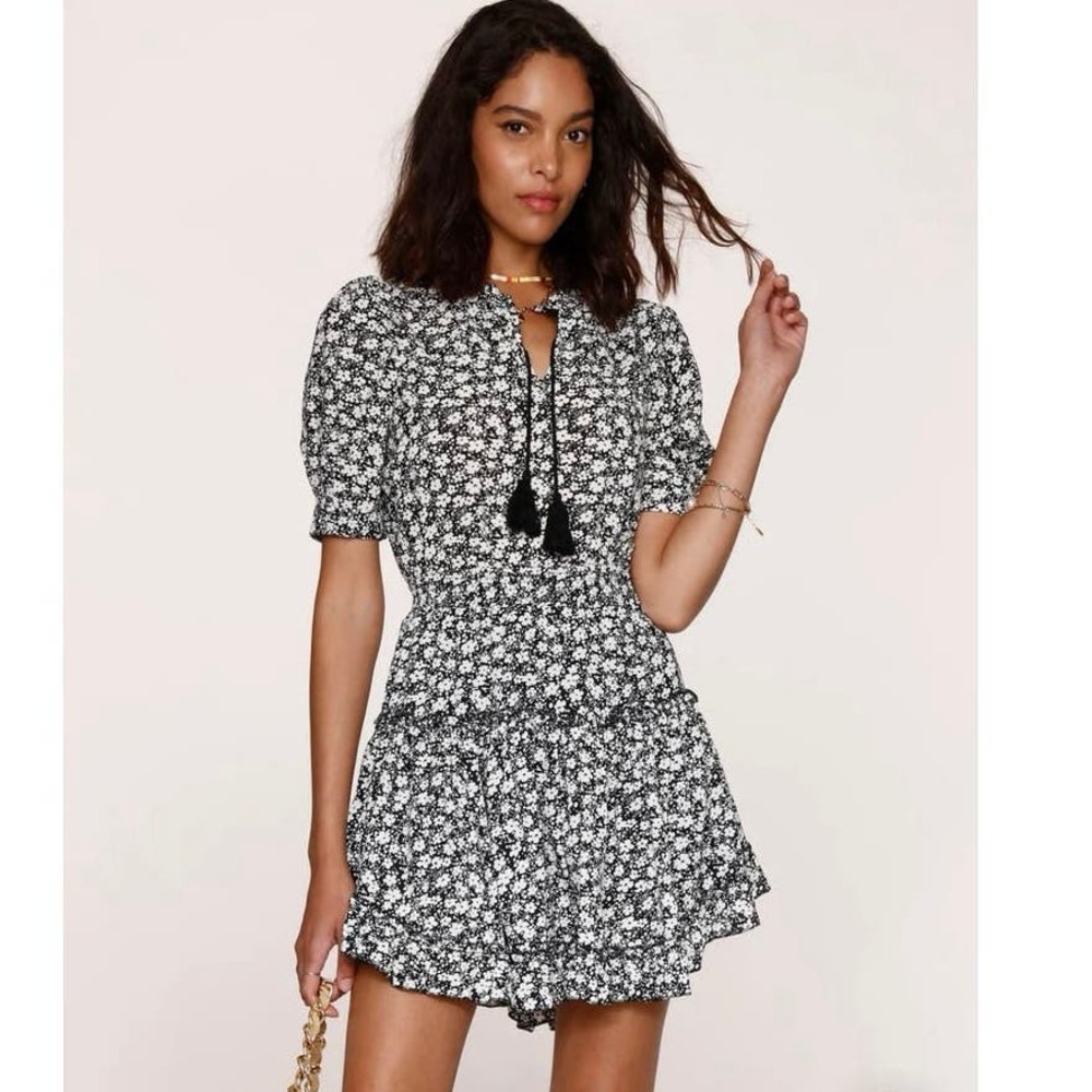 Heartloom ANTHRO REVOLVE small Mariel black white floral mini dress puff ruffle